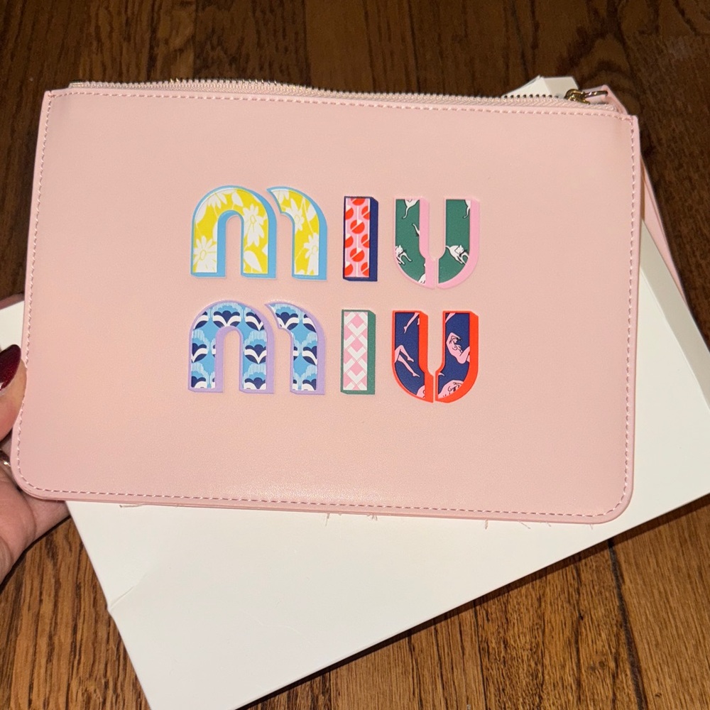 Miu Miu Pink Logo Appliqué Leather Wristlet